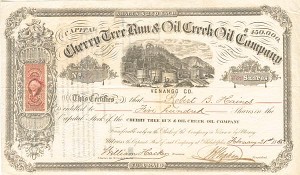 Cherry Tree Run and Oil Creek Oil Co. - 1865 dated Venango County, Pennsylvania Oil Stock Certificate - Company Relates to Charles Pratt